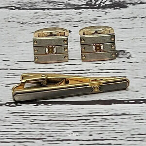 Celine Gold and Silver Cufflink and Tie Bar Set